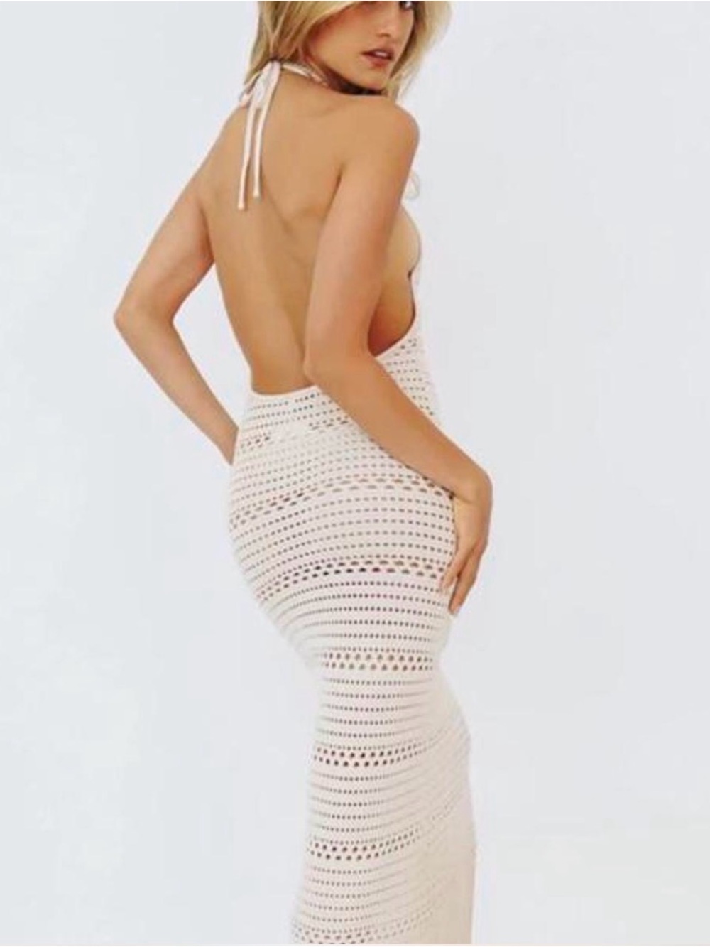 Verge Girl Backless Crochet Maxi Dress in Cream